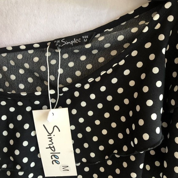 NWT Simplee Asymmetrical Polka Dot Black & White Blouse, Choker Collar, Size M - Picture 6 of 9